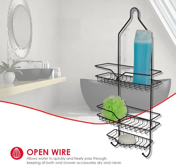 Home Basics Classic 2 Shelf Shower Caddy with Bottom Hooks and Center Soap Dish Tray, Bronze, Black