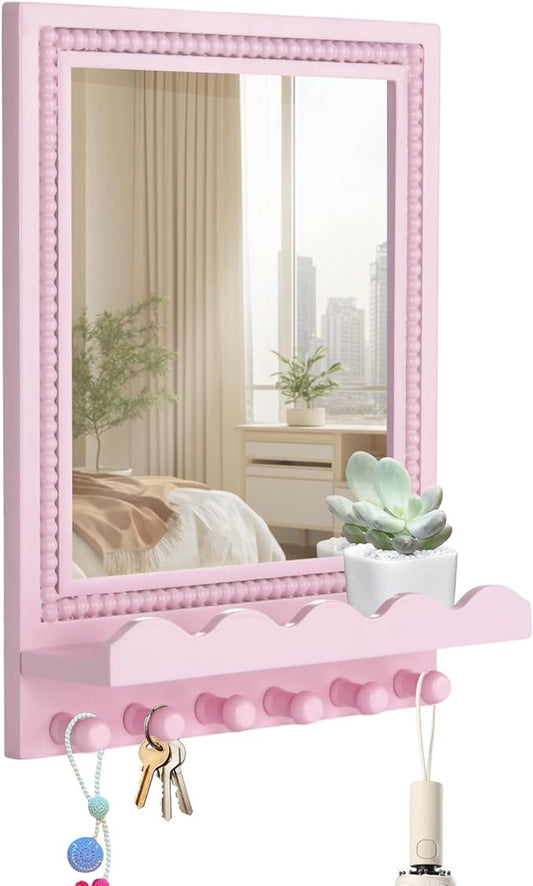 Tirzah 16x12 Inch Wall Mount Beaded Wood Framed Mirror with Shelf and 6 Hooks, Pink Decorative Entryway Mirror with Storage for Laundry Room, Bathroom, Bedroom