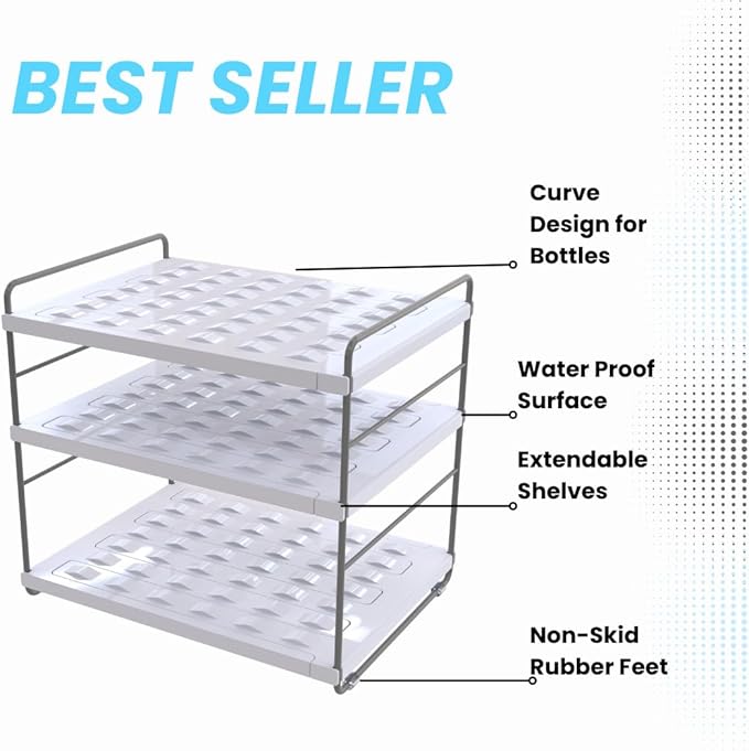 YAN & HIN Expandable Water Bottle Organizer for Cabinet, 3-Tier Tumbler & Bottle Holder, Adjustable Shelf Storage Rack for Kitchen Cabinet, Pantry & Countertop