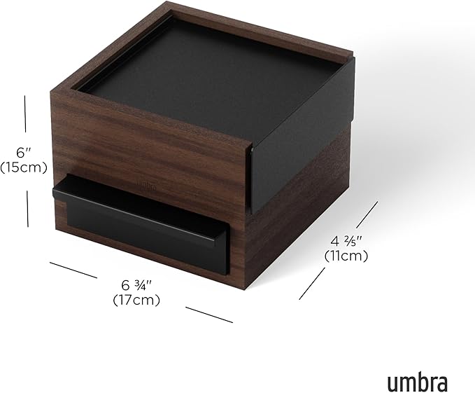 Umbra Mini Stowit Jewelry Box - Modern Keepsake Storage Organizer with Hidden Compartment Drawers for Ring, Bracelet, Watch, Necklace, Earrings, and Accessories, Black/Walnut