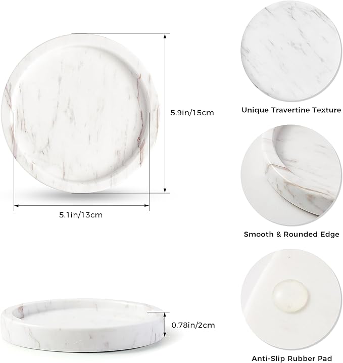 Natural Marble Tray for Rings and Jewelry Dish, 5.91 inch Round Decorative Tray for Kitchen, Vanity, Bathroom,Dressing Table, Bedside Table, Home Decor, White (NS027)