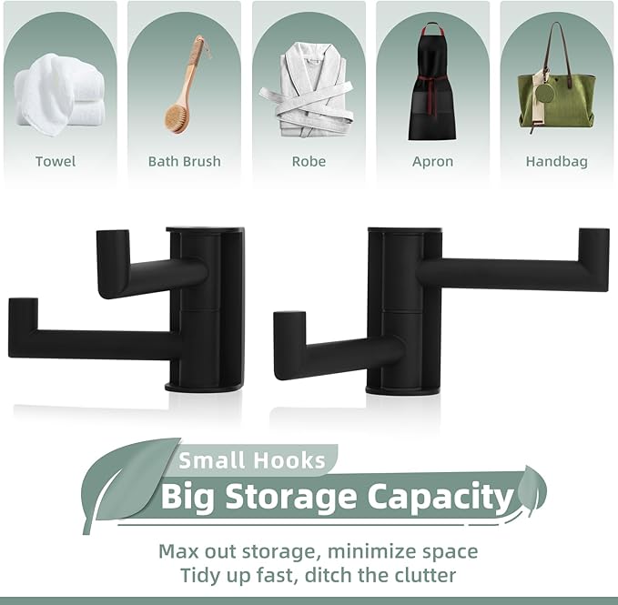 Matte Black Rotating Double Towel Hooks 2 Pack, 304 Stainless Steel Swivel Wall Hooks with 2 Arms, Space Saving Towel Hangers for Bathroom Kitchen