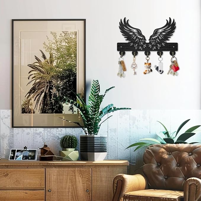 MAYJOYDIY Wing Feathers Wood Key Holder for Wall Angel Wings Wall Mounted Key Hooks 11.8×7.9inch Coat Hanger Rack with 5 Alloy Hooks for Entryway Front Door Kitchen Office Decoration