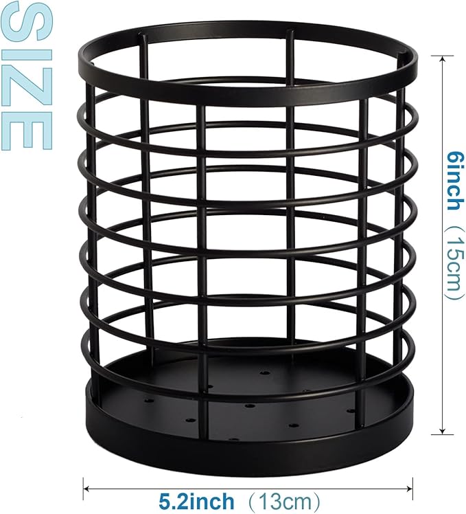 Utensil holder for Kitchen Counter - 5.2" x 5.2" x 6" Large Round Utensils Holder with Wooden Base Matte Black Cooking Utensil Holder，Kitchen countertop Utensil Organizer (Metal)