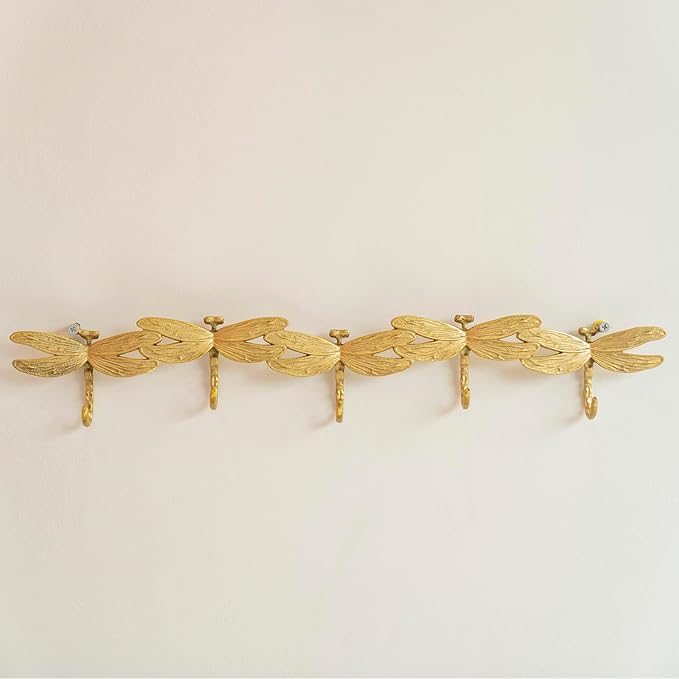 Gold Coat Rack Wall Mounted - 5 Tri Hooks, Heavy Duty, Brass Coat Hook Rail for Coat Hat Towel Purse Robes Mudroom Bathroom Entryway