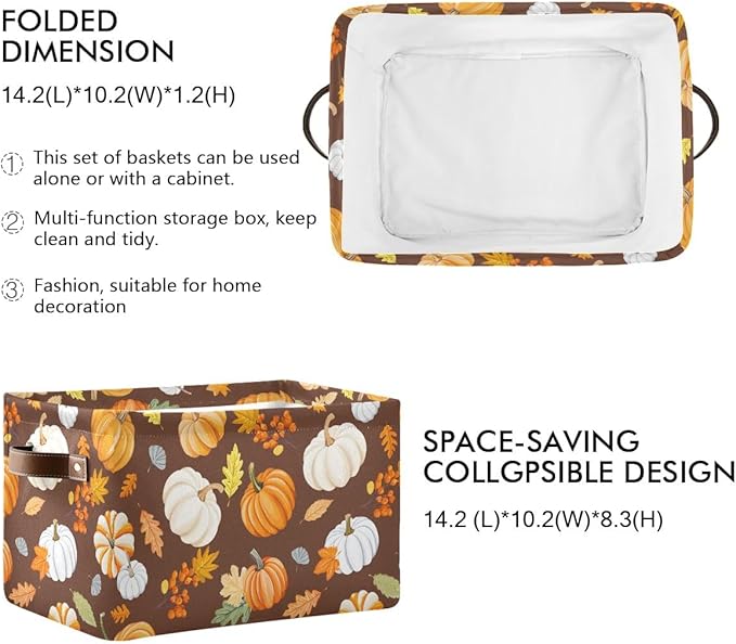 Pumpkin Maple Leaf Pattern Storage Basket,Large Storage Bin Fabric Collapsible Organizer Bag with Handles 15x11x9.5 inch