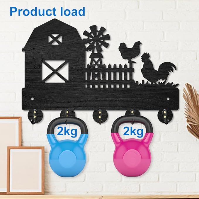 MAYJOYDIY Farm Rooster Hen Wall Mounted Coat Rack Farmhouse Windmill Wood Key Hooks for Wall 11.8×7.9inch Black Key Holder Hanger Wall Art Decor with 5 Alloy Hooks for Gift Hallway Entryway Kitchen