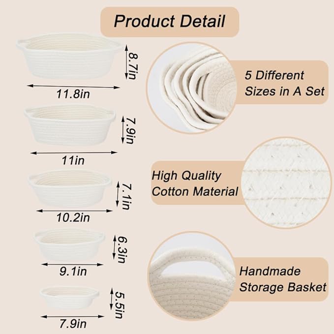 Rope Basket Set of 5, Cotton Woven Baskets Storage Bins, Small Bathroom Organizers and Storage, White Decor Basket for Toy Gift Toilet Snack Plant Picnic(White)