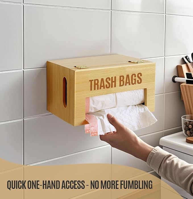 Bamboo Garbage Bag Holder, Multi-Mount Space-Saving Trash Bag Organizer for Kitchen, Pantry, Holds 8-33 Gallon Rolls & 50+ Grocery Bags, Under-Sink/Wall-Mounted/Cabinet Storage