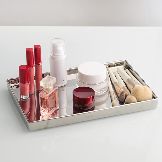 Silver Ceramic Jewelry Mirror Tray Vanity Holder Rectangular Mini Small Medium Large