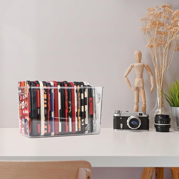Plastic Clear Phone Case Organizer, Storage Holder Box with Handle Multifunctional Phone Case Storage, Electronics Organizer for Desk, Cabinet, Shelf (Deep)