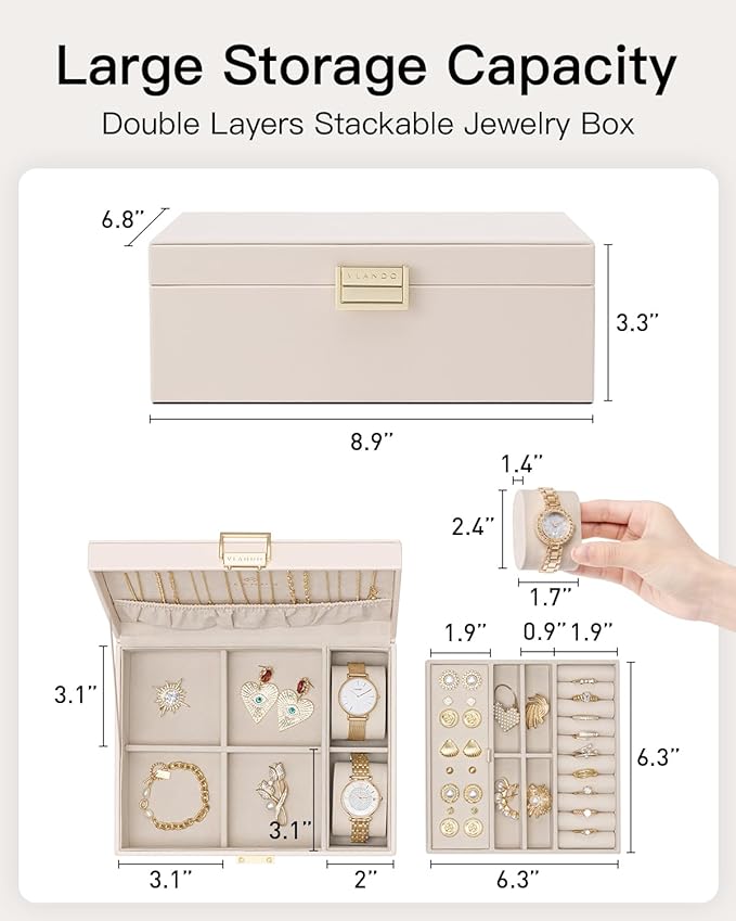 VLANDO 2 Layer Jewelry Boxes Large Jewelry Organizer for Women Removable Jewelery Tray for Watch Necklace Earrings Rings Bracelets Wedding Gifts Bride Gifts(Apricot White)