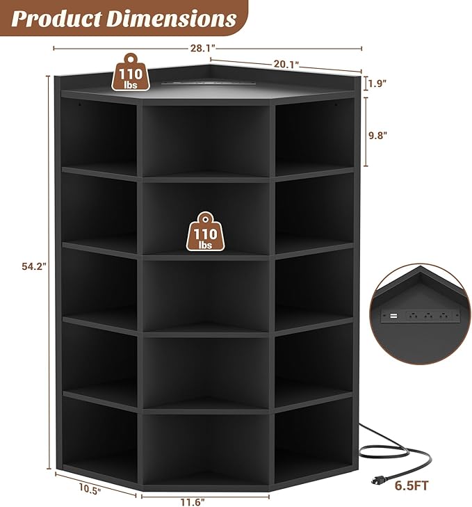 Aheaplus Corner Cabinet, 6-Tier Corner Bookshelf with Power Outlets, Corner Cube Storage Shelf with Top Table, Wooden L Cubby Toy Storage with 15 Cubes for Home Office, Bedroom, Living Room, Black
