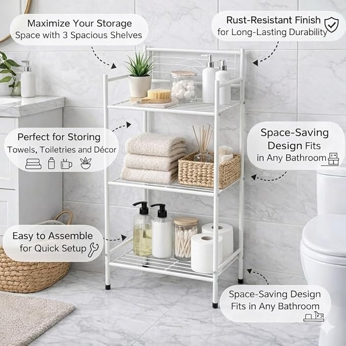 Bath Bliss 3 Tier Freestanding Bathroom Storage Shelf, White Metal Organizer Rack | Rust Resistant Space Saving Bathroom Stand | Toilet Paper Towel Holder | Bathroom Organizer for Small Spaces