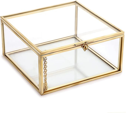 Hipiwe Vintage Glass Jewelry Organizer Box - Golden Metal Keepsake Box Desktop Jewelry Organizer Holder, Wedding Birthday Gift, Square Vanity Decorative Box for Dresser,Bathroom