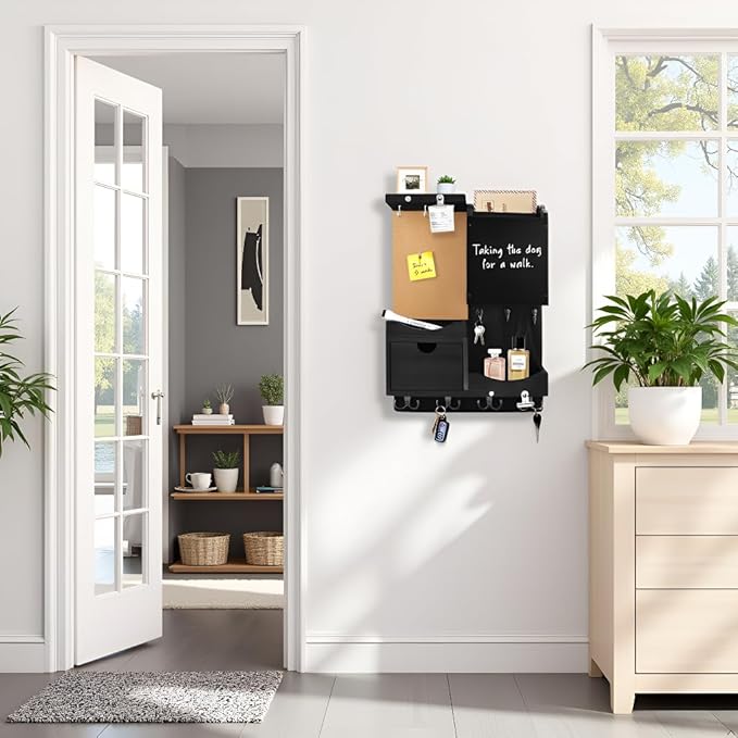 Key Holder Wall Mount, Mail Organizer Key Holder for Wall with Shelf, Drawer, Chalkboard, Corkboard, Home Decor Mounted for Room Entryway (Black)