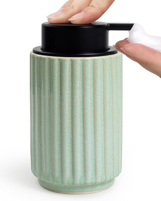 Foaming Soap Dispenser, Green Ceramic Refillable Foam Hand Soap Pump for Bathroom Kitchen, 10.5OZ Lotion Dispenser, Foaming Dish Soap Dispenser, Modern Stripe Design, ANTIS'S HOME