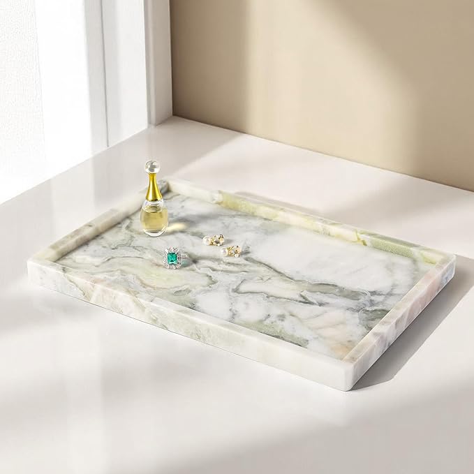 Koville Natural Marble Tray, 12x8â Coffee Table Vanity/Decorative Tray for Jewerly, Watch, Perfume Candle Storage for Bedroom/Bathroom/Kitchen Countertop