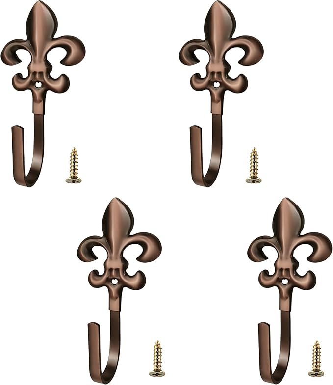 Wall Hooks, 4 Pack Decorative French Fleur De Lis Metal Hooks for Coat, Towel, Curtain Tie Back, Robe, Bag, Heavy Duty Gold Bronze Finish for Bathroom, Bedroom, Entryway(Red Ancient)