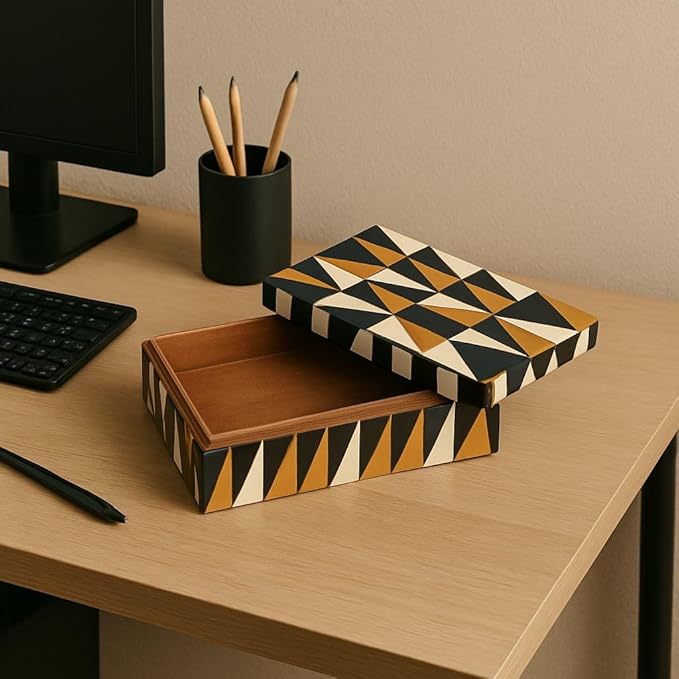 Decorative Storage Box, Handmade Chevron Pattern, Boho Style, Multipurpose Gift Box (black white grey yellow, 8X4X2.5 Inch)
