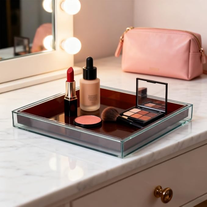 10"x10" Brown Acrylic Tray, Decorative Bathroom Vanity Counter Tray for Perfume, Candle, Soap, Coffee Table & Kitchen â Square Acrylic Organizer for Sink, Entryway Table, Dresser Home Decor