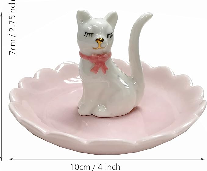 ROSA&ROSE Cat Ring Holder Trinket Tray Ceramic Jewelry Dish Decorative Ring Holder/Trinket Tray Engagement Wedding Birthday Gifts for Women Her (White/Pink)
