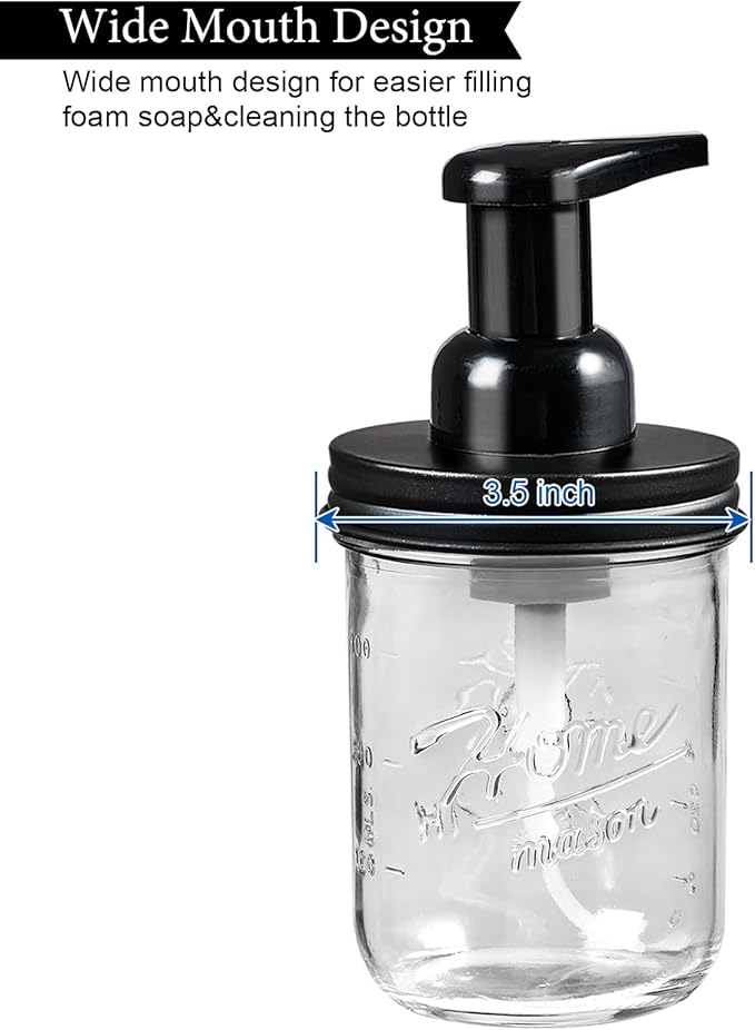 SheeChung Mason Jar Foaming Soap Dispenser, Glass Foaming Hand Soap Dispensers, Stainless Steel Lid, Refillable Foam Soap Dispenser for Bathroom Kitchen, Farmhouse Bathroom Decor (1 Pack, Black)