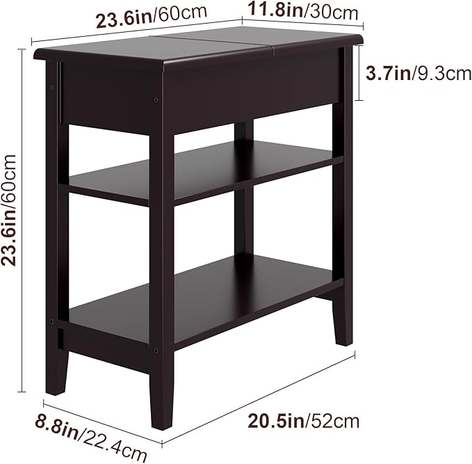 End Table, 3-Tier Flip Top Side Table, Narrow Nightstand with Storage Shelves, for Small Spaces, Living Room, Brown
