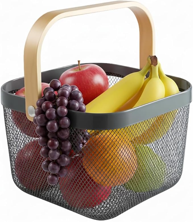 Mesh Steel Storage Organizer Basket Fruit Basket Bin with Wood Handle Ideal for Kitchen Bathroom Picnic Baskets Pantry Cabinets Storage Home Decor (Cold Gray)