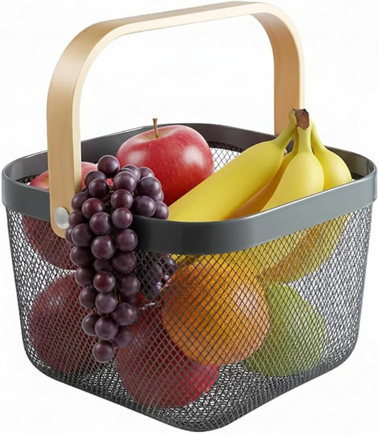 Mesh Steel Storage Organizer Basket Fruit Basket Bin with Wood Handle Ideal for Kitchen Bathroom Picnic Baskets Pantry Cabinets Storage Home Decor (Cold Gray)
