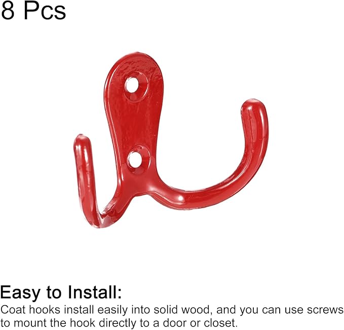 uxcell Wall Hooks, 8Pcs - Zinc Alloy Double Prong Retro Hook, Hooks for Hanging Towel Coat Backpack Clothes Scarf Keys Hat Cup (Red)