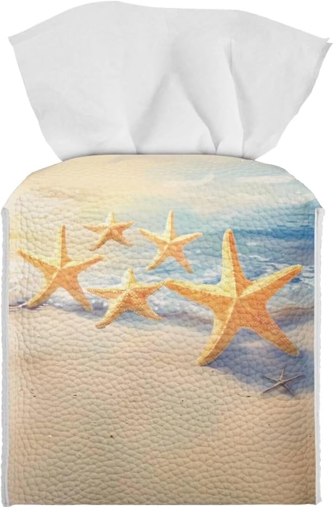 Beach Starfish Tissue Box Covers Foldable Square Facial Tissue Case Waterproof Facial Paper Organizers Dispenser for Bathroom Night Stand