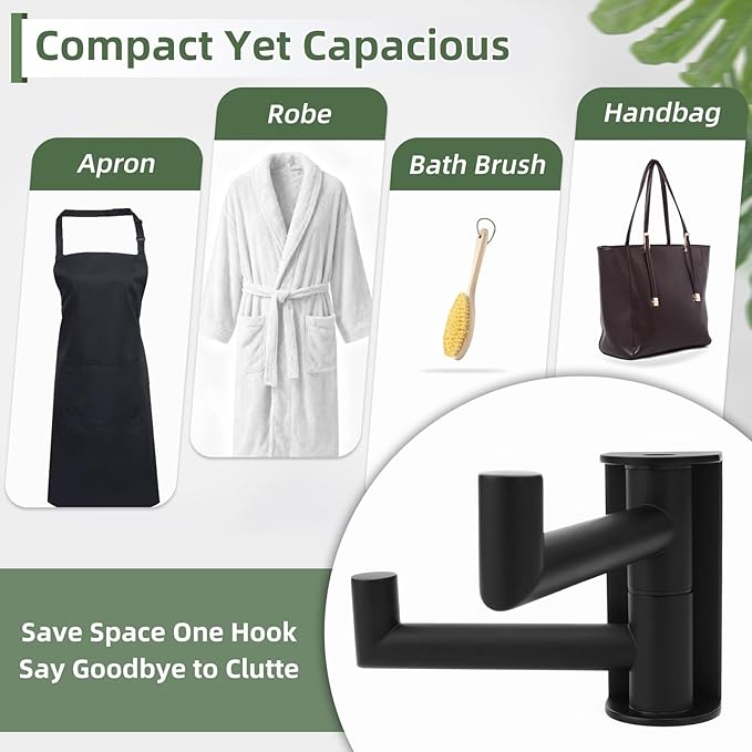 Matte Black Swivel Towel Hook 2 Arms, 304 Stainless Steel Bathroom Double Towel Holder, Wall Mounted