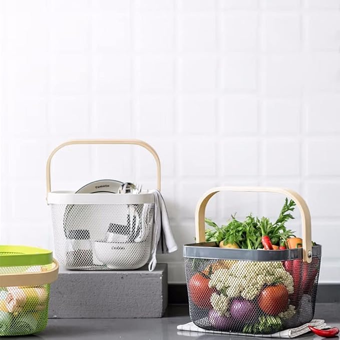 Mesh Steel Storage Organizer Basket Fruit Basket Bin with Wood Handle Ideal for Kitchen Bathroom Picnic Baskets Pantry Cabinets Storage Home Decor (Black)
