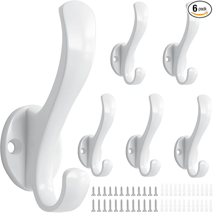 Coat Hooks Heavy Duty - Easy to Install Metal Towel Hooks Fashionable Wall Hooks for Hanging Hat, Towel, Key, Robe, Scarf, Bag, Cap (6 PCS White)