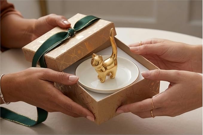 ROSA&ROSE Cat Ring Holder Jewelry Dish, Ceramic Trinket Tray with Gold Cat Ring Stand, Decorative Jewelry Organizer Plate for Rings Earrings Necklace, Vanity Tabletop Jewelry Storage