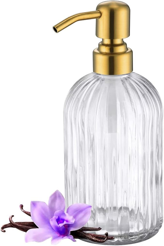 Gold Refillable Glass Kitchen Soap Dispenser,16oz Bathroom Soap Dispenser with Vertical Strip,Golden 304 Stainless Steel Pump Head, Clear Thick Glass,for Modern Home Decor, Countertop, Hotel