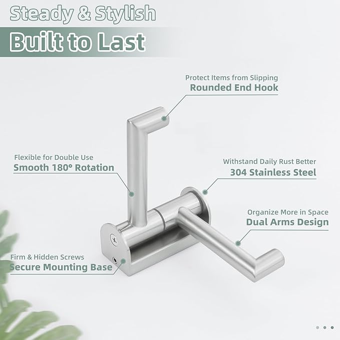 Brushed Nickel Double Swivel Towel Hook, 304 Stainless Steel Folding Clothes Hanger, Wall Mounted