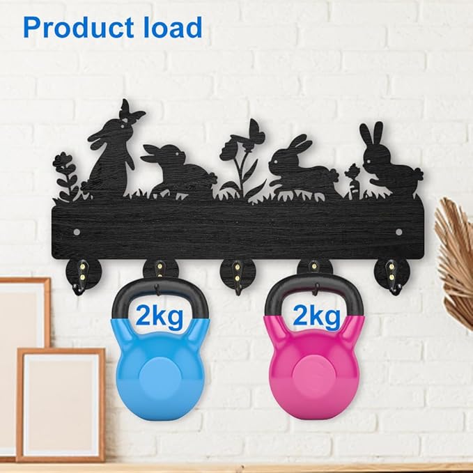 MAYJOYDIY Bunny Meadow Flower Coat Rack 11.8×7.2inch Wood 4 Rabbits Key Holder for Wall Rabbits Butterfly Wildflower Carrot Key Hanger 5 Alloy Hooks Key Rack for Farmhouse Gift Entryway Art Decor