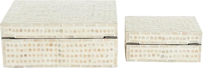 Deco 79 Mother of Pearl Shell Geometric Handmade Decorative Box Mosaic Dot Storage Decorative Keepsake Box with Brown Accents, Set of 2 Storage Box 12", 8"W, Cream