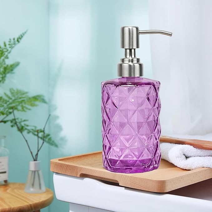 12Oz Purple Soap Dispenser Bathroom - 2 Pack, Clear Glass Hand Soap Dispensers with Stainless Steel Pump, Refillable Dish Soap Dispenser for Kitchen, Countertop Soap Dispensers