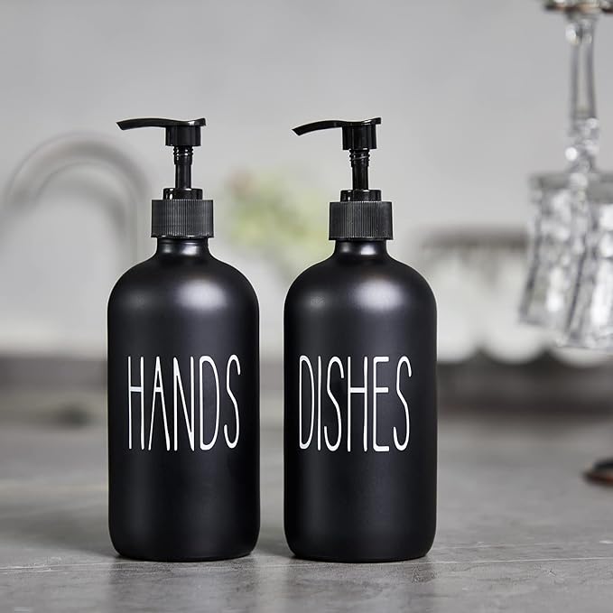 Glass Soap Dispenser Set 2 Pack,Contains Hand and Dish Soap Dispenser.Premium 16 Oz Black Kitchen Soap Dispenser Set for Kitchen Sink and Farmhouse Decor