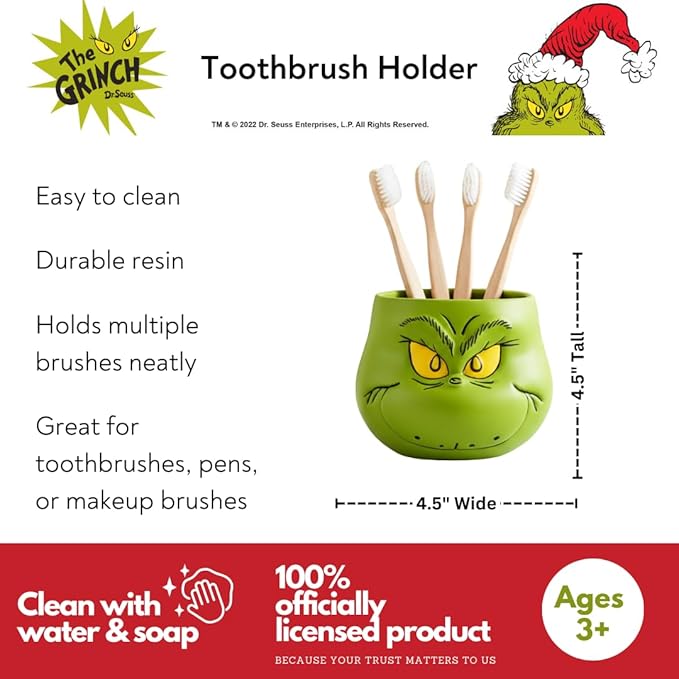 Dr. Seuss The Grinch Holiday Christmas Toothbrush Holder - Makeup Brushes/Pens Tumbler, (Officially Licensed Product) by Franco Collectibles
