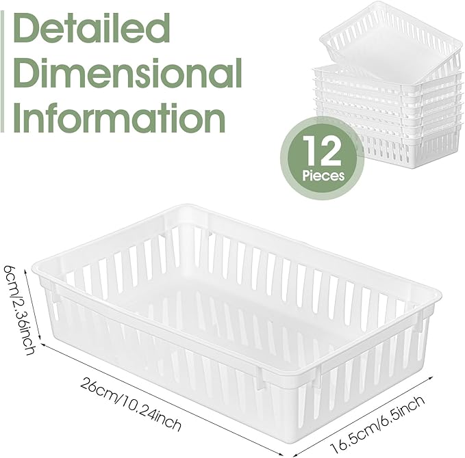 12 Pcs Plastic Organizer Baskets, 10.24 x 6.5 x 2.36 Inch Storage Bins Trays for Desk, Home Office, Shelves and Crafts Organization, White