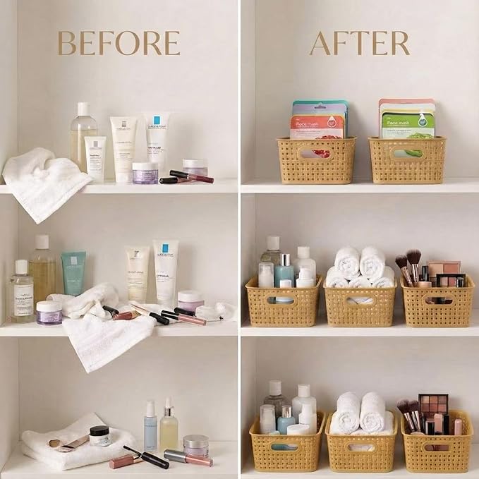 Khaki Stackable Storage Baskets, Plastic Weave Basket Organizer and Storage Set of 12, Pantry Organizing Baskets for Shelves, Kitchens, Bathrooms, Classrooms, Cabinets and Bedrooms