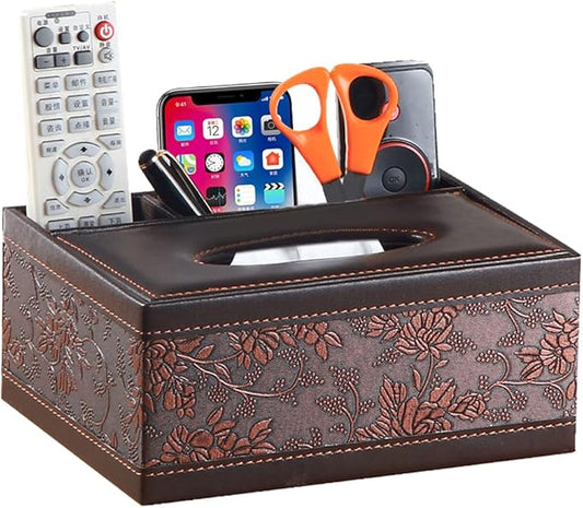 Leather Tissue Box Cover Rectangular and Multifunction Remote Control Caddy,Suitable for Storing pens and Stationery,Desk Organizer Storage for Office and Home(Antique)