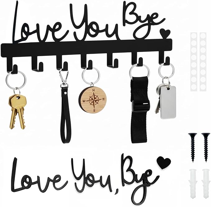 Valentines Key Holder Wall Mount, Love You Bye Key Holder for Wall, Key Holder Hook Rack Organizer Hanger with 6 Hooks for Entryway, Front Door, Hallway, Living Room (Love You Bye Artistic)