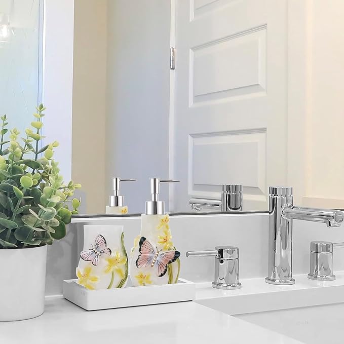 Decorative Bathroom Accessory Vanity Set Including Tumblers, Soap Dish, Shampoo and Body Wash Liquid Soap Dispenser and Toothbrush Holder, Gift for Girl with Butterfly Pattern