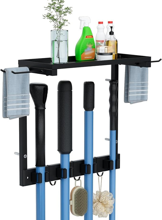 Broom Holder Wall Mount with Cleaning Supplies Organizer, Laundry Room Organization and Storage Shelves, Mop Hanger Broom Rack with Hooks, Home Improvement Kitchen Shelf Garage Organizer