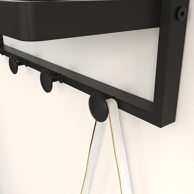 WONSTART Black Entryway Mirror with Hooks, 26" X 30" Wall Mirror with Hooks, Bathroom Mirror with Shelf, Rectangular Framed Wall Mirror with Shelf and Hooks
